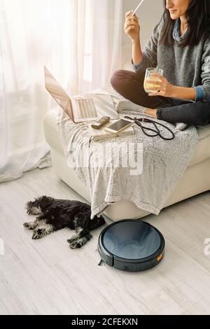 Femme assise sur un canapé dans une pièce lumineuse travaillant sur un ordinateur et boisson froide avec un chiot mignon couché aspirateur robot next round noir Banque D'Images