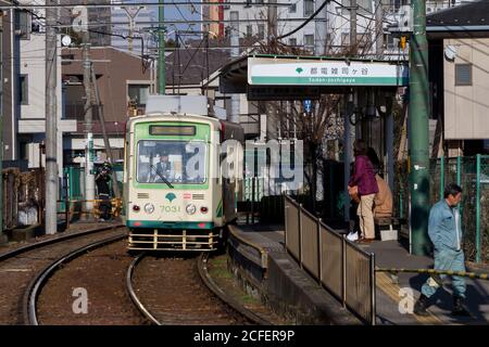 Un tramway ou une voiture de rue sur la ligne Toden Arakawa, connue sous le nom de tramway Tokyo Sakura, à Zoshigaya, Tokyo, Japon. Banque D'Images