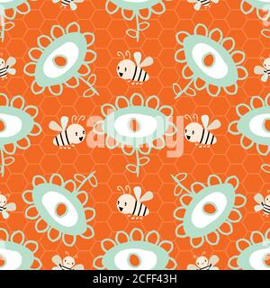 Dessin vectoriel de fleurs et de style kawaii abeilles sans couture motif arrière-plan. Toile de fond amusante avec simple griffonné orange et vert menthe Illustration de Vecteur
