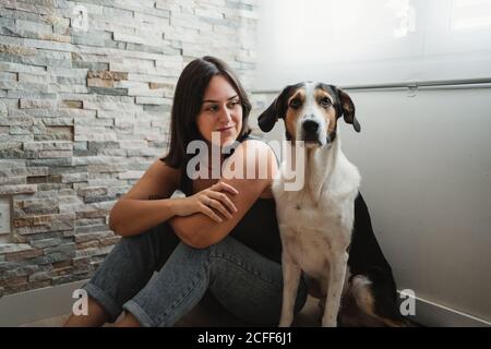 Femme avec un chien assis sur le sol Banque D'Images