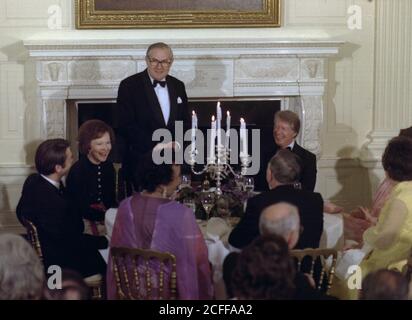 Jimmy carter et Rosalynn carter organisent un dîner d'État pour le Premier ministre britannique James Callaghan CA. 10 mars 1977 Banque D'Images