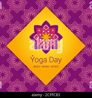 Carte lumineuse avec fleur de Lotus. Exemple de texte - jour de yoga, corps, esprit et esprit. Illustration vectorielle pour un événement de yoga, une école, un club, une invitation, un spa. PA Illustration de Vecteur