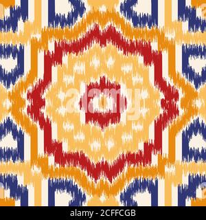 Motif géométrique sans couture, basé sur le style du tissu Ikat. Illustration vectorielle. Tapis de style oriental, jaune, orange et rouge. Illustration de Vecteur