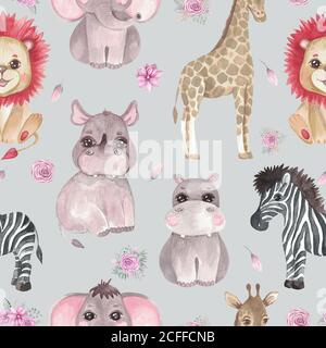 Motif Safari sans couture d'animaux et de fleurs sur fond gris. Illustration aquarelle d'un dessin enfant Giraffe Zebra Elephant Hippo Rhino Banque D'Images