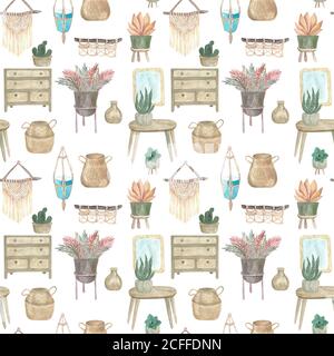 Motif sans couture de plantes boho et de fleurs intérieures dans des paniers et des pots suspendus mobilier éléments intérieurs. Aquarelle illustration décor moderne Banque D'Images