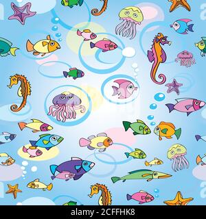 mer, été, poisson, monde sous-marin, motif, monde sous-marin, poissons, poisson, motif, sans couture, vecteur, eau, réservoir, décor, ornemental, design Illustration de Vecteur