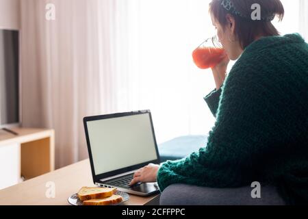 Vue latérale d'une femme prenant le petit déjeuner tout en travaillant à la maison sur son ordinateur portable Banque D'Images