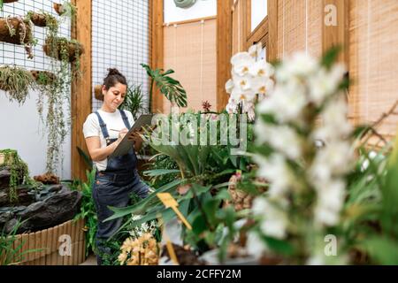 Vue latérale de la femme adulte écrivant sur le presse-papiers tout en se tenant près de la plante avec des fleurs blanches pendant le travail dans la serre-tête Banque D'Images
