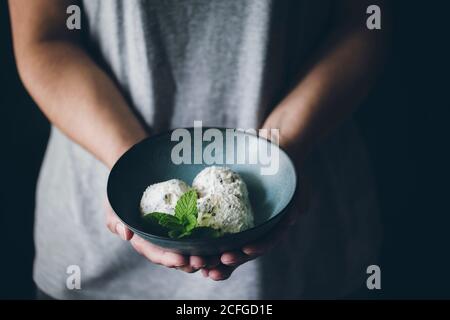 Vue rognée d'une femme anonyme tenant un bol avec des boules de glace stracciatella décorées de feuilles de menthe Banque D'Images