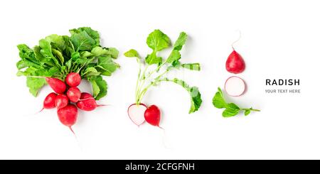 Radis frais avec feuilles de mise en page créative sur fond blanc. Alimentation saine et diète concept d'alimentation. Radis frais entiers et en tranches composition et Banque D'Images