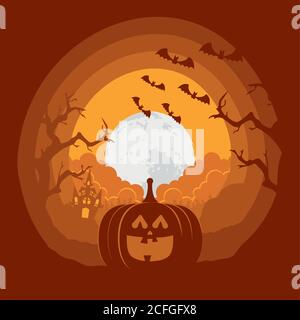 carte d'halloween avec citrouille et chauve-souris volant vecteur de coucher de soleil conception de l'illustration Illustration de Vecteur