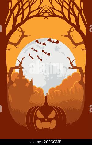 carte d'halloween avec citrouille et chauves-souris volantes au coucher du soleil illustration vectorielle Illustration de Vecteur