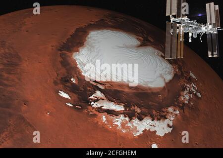 Station spatiale près de Mars planète du système solaire quelque part dans l'espace. Science-fiction. Des éléments de l'image ont été fournis par la NASA Banque D'Images