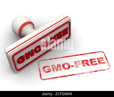 Gratuit GMO. L'embouti et une empreinte. Timbre blanc et empreinte rouge SANS OGM sur surface blanche. Illustration 3D Banque D'Images