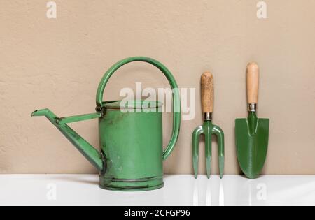 Ensemble de petits outils de jardin verts, dont une arrosoir à l'ancienne, une truelle et une fourche debout, alignés sur un mur beige Banque D'Images