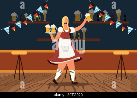 belle femme allemande buvant des bières dans le bar caractère illustration vectorielle conception Illustration de Vecteur