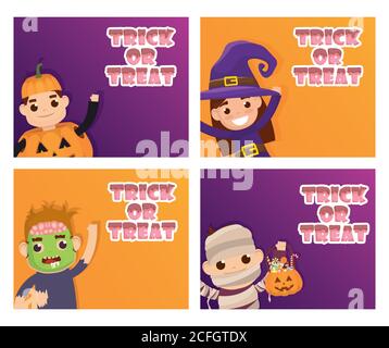 happy halloween carte astuce de traiter lettrage et les enfants costumés illustration vectorielle Illustration de Vecteur