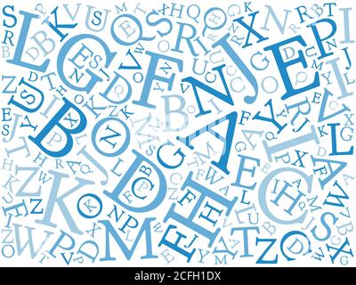 Mosaïque d'arrière-plan des lettres de l'alphabet latin bleu de différentes tailles. Police serif. Arrière-plan de l'illustration vectorielle. Illustration de Vecteur
