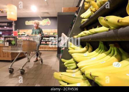 Malchin, Allemagne. 03ème septembre 2020. Un client se rend dans une succursale de la chaîne de distribution Netto APS & Co. KG le long des étagères. La première succursale a ouvert il y a 30 ans à Vorpommern. En attendant, l'entreprise est l'une des plus importantes du nord-est de l'Allemagne, avec environ 6000 employés. Jusqu'à présent, l'escompteur a été représenté 112 fois dans le Land de Mecklembourg-Poméranie occidentale, 143 fois à Berlin et dans le Land de Brandebourg ainsi qu'en Saxe, Saxe-Anhalt, Basse-Saxe, Hambourg et Schleswig-Holstein. (Pour dpa, « seule la chaîne de distribution MV veut se développer - Corona Crisis apporte plus ») Credit: D/dpa/Alamy Live News Banque D'Images