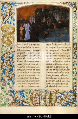 Simon Marmion, le tourment des mécréants et des hérétiques 1475 Tempera, or, encre sur parchemin, Musée J. Paul Getty, Los Angeles, Etats-Unis. Banque D'Images