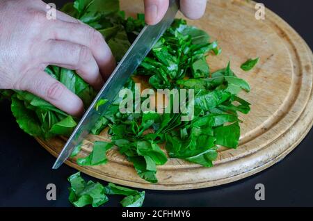 Une main masculine avec un couteau de cuisine coupe l'étrel. Hacher finement des feuilles d'étrel vertes sur une planche à découper en bois. Cuisson. Mise au point sélective. Banque D'Images