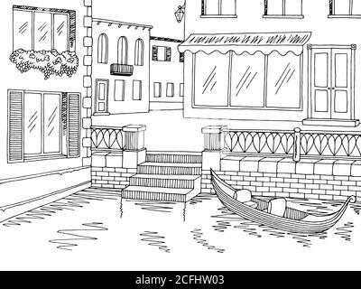 Ville rivière graphique noir blanc esquisse illustration vecteur Illustration de Vecteur