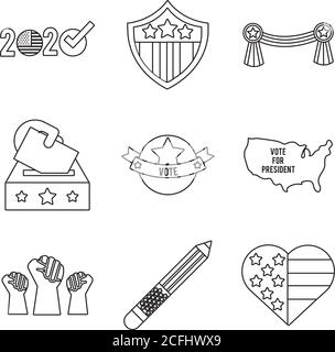 lot de neuf icônes de jeu d'élections usa dessin d'illustration vectorielle Illustration de Vecteur