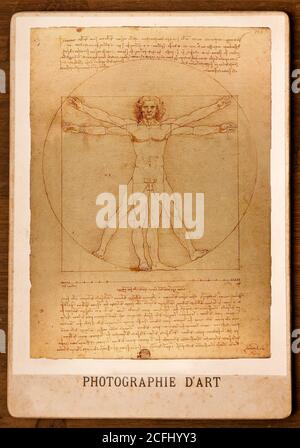 Homme de Vitruvian de Léonard de Vinci sur une carte du Cabinet Banque D'Images