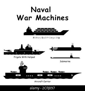 Machines de guerre navale. Pictogramme représentant les navires militaires de guerre de la Marine tels que porte-avions, Battleship, Destroyer, Attack Ship, Submarine et Militar Illustration de Vecteur