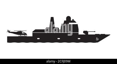 Navire de guerre frégate avec hélicoptère Dock. Icône pictogramme représentant le navire de guerre militaire naval de la Frégate Navy avec héliport. Vecteur EPS noir et blanc Illustration de Vecteur