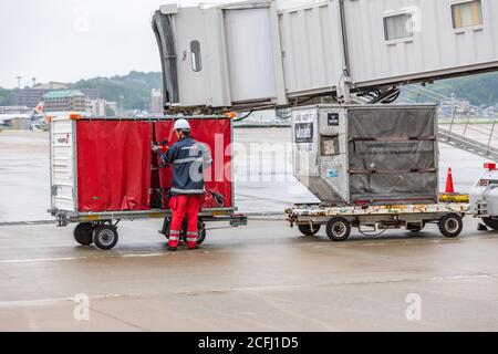 Fukuoka (Japon) - 14 juillet 2019 - le transporteur de bagages de l'aéroport contrôle un conteneur à bagages à l'aéroport de Fukuoka (Japon) le 14 juillet 2019 Banque D'Images