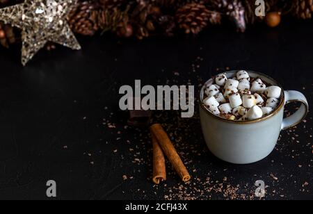 Composition de vacances douillette, mug avec cacao ou chocolat chaud avec guimauve. Banque D'Images