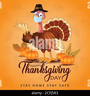 Joyeux jour de Thanksgiving typographie. dinde oiseau avec citrouilles et maïs motif de Thanksgiving utilisation pour les imprimés, flyers, bannières, invitations, offre spéciale. ve Illustration de Vecteur