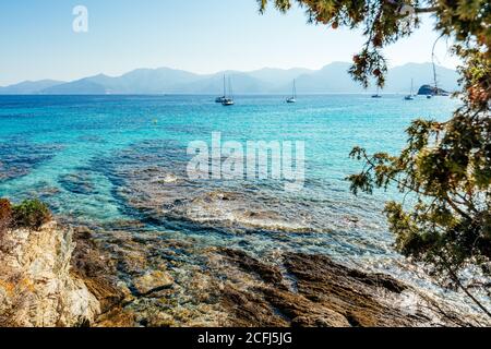 Plage de Lotus, Cap Corse, Corse, France. Eaux turquoise et littoral sauvage Banque D'Images