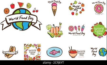 offre groupée de douze lettres de fête de la journée mondiale de la nourriture de style plat illustration vectorielle Illustration de Vecteur