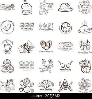 lot de vingt-cinq lettres de célébration de la journée mondiale de la nourriture illustration vectorielle de style Illustration de Vecteur