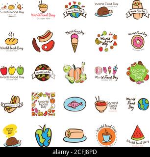 lot de vingt-cinq lettres de fête de la journée mondiale de la nourriture icônes de style conception d'illustrations vectorielles Illustration de Vecteur