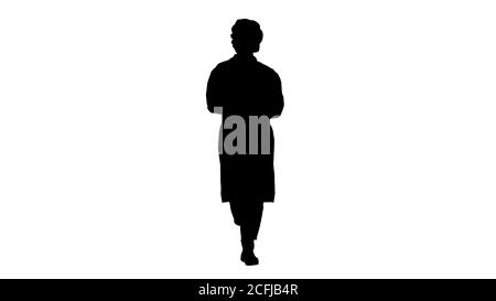 Silhouette Friendly female doctor marche et parle à la caméra.