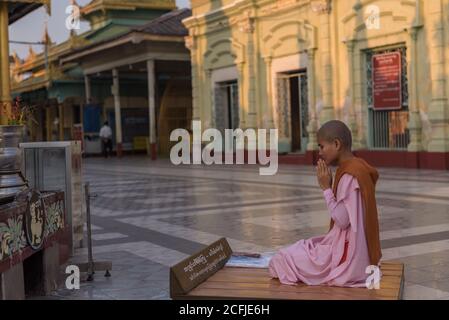 Une nonne priant à la Pagode Shwesandaw de Pyay, au Myanmar Banque D'Images