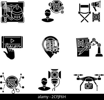 Les icônes de glyphe noir de procédé de réalisation de film sont définies sur un espace blanc Illustration de Vecteur