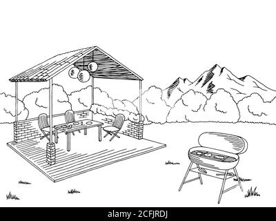 Graphique barbecue noir blanc paysage dessin illustration vecteur Illustration de Vecteur