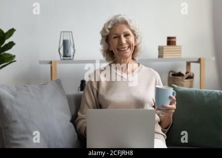 Portrait souriant femme mûre appréciant le temps libre, à l'aide d'un ordinateur portable Banque D'Images