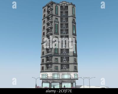 illustration 3d rendu coloré bâtiment immobilier avec route , arbres et vue du ciel . Banque D'Images