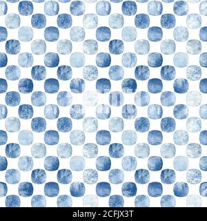 Motif géométrique sans couture avec point à pois noir monochrome indigo bleu marine aquarelle abstraite formes chevauchantes arrière-plan à carreaux. Aquarelle Banque D'Images