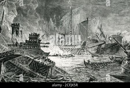 La lutte en mer à Actium (31 av. J.-C.). C'était la plus grande bataille navale de l'histoire ancienne. Dans ce dernier, Auguste, le premier des empereurs romains, défait son rival, Marc Antony, pour l'empire du monde. Le combat lui-même était génial. Les navires d'Antony et de Cléopâtre étaient de construction orientale, énormes et lents, couverts de tours et de grands moteurs de guerre. Les navires d'Auguste étaient beaucoup plus petits, plus rapides et plus nombreux. Ils se sont emparés de leurs adversaires et ont balayé les grandes rangées de charbons, les énormes huttes sont restées sans défense, mais inconsquables, jusqu'à ce qu'Antony fuie un Banque D'Images