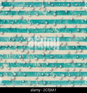 Motif de Noël sans coutures vintage. Flocons de neige 3d blancs sur aquarelle peinture à la main grunge teal bandes arrière-plan. Hiver rayures neige texture infinie. Banque D'Images