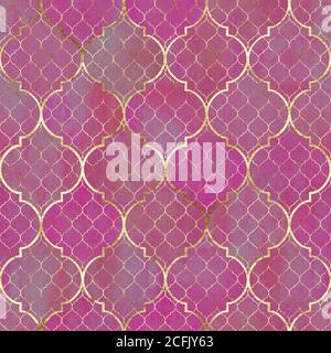 Motif géométrique sans couture abstrait aquarelle. Texture marocaine décorative vintage avec ligne dorée. Aquarelle à la main violet rose rouge doré dos Banque D'Images