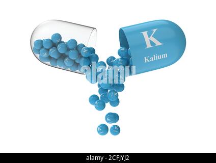 Ouvrir la capsule avec le kalium à partir duquel la composition en vitamines est versée. Illustration du rendu médical 3D Banque D'Images