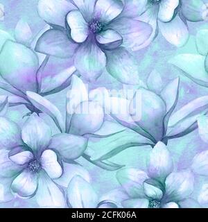Aquarelle belles fleurs magnolia motif sans couture sur fond de grunge. Aquarelle ressort dessiné à la main élégante illustration botanique. Imprimer pour t Banque D'Images