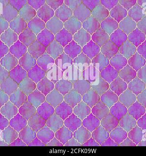 Motif marocain sans couture vintage décoratif avec ligne dorée. Aquarelle fond violet brillant dessiné à la main. Éléments géométriques orientaux aquarelle Banque D'Images